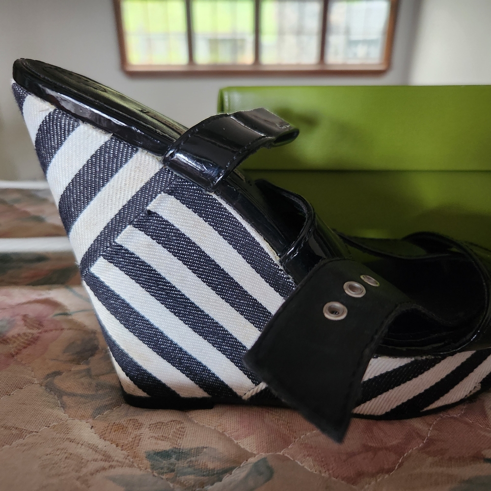 Calvin Klein Black and White Striped Wedge Sandals